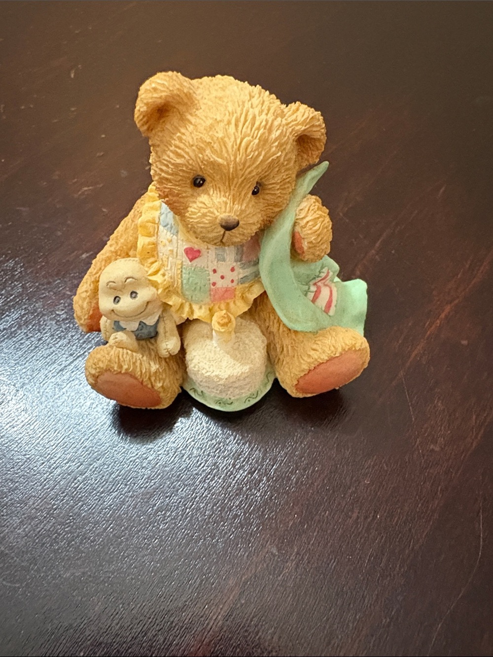Cherished Teddies Tan Bear Figurine with Mint Blanket & Birthday Cake One Candle